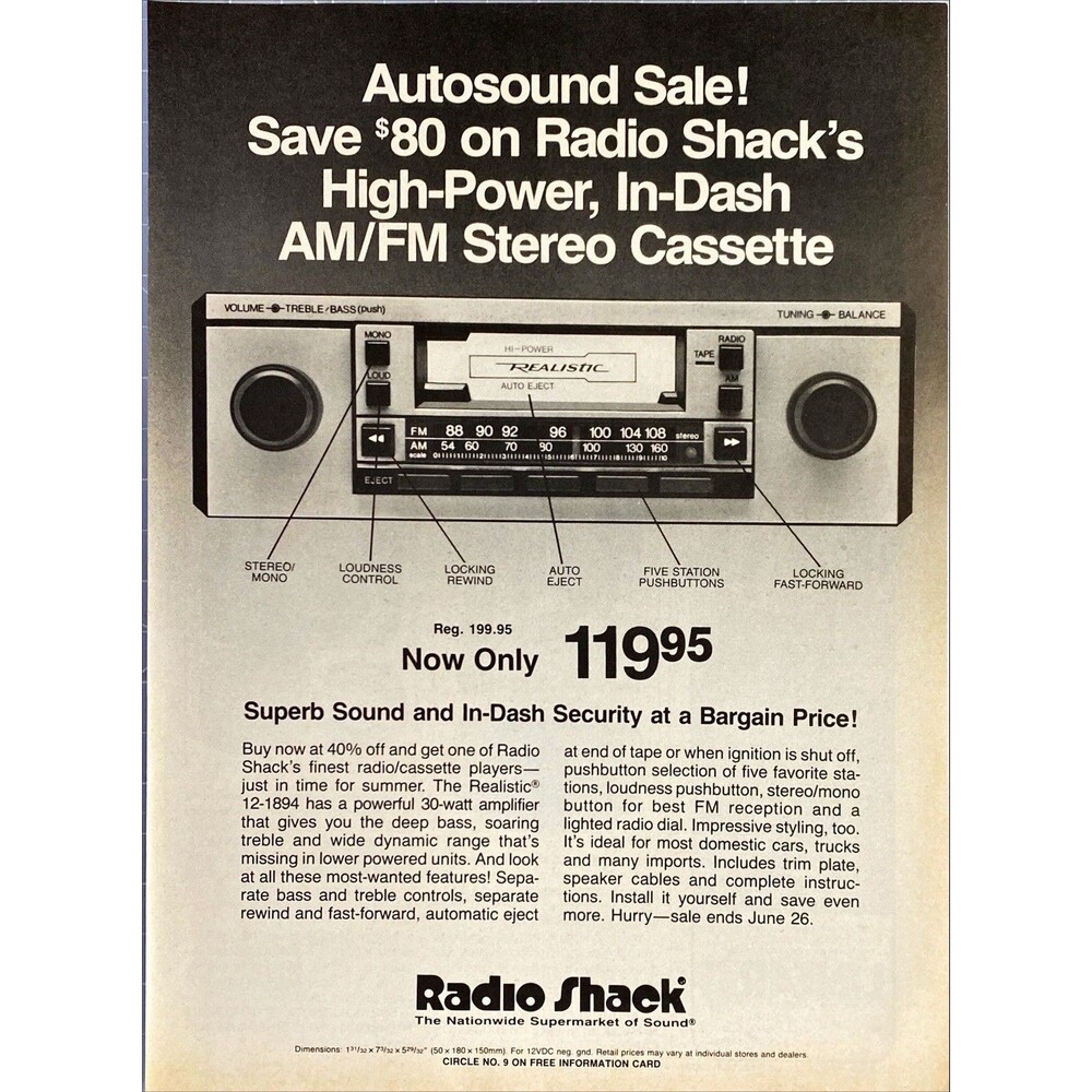 Radio Shack "High Power, In Dash AM/FM Car Stereo Cassette"Vintage Print Ad 1983